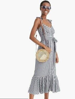 J. Crew Black & White Gingham Tie-Shoulder Midi Dress